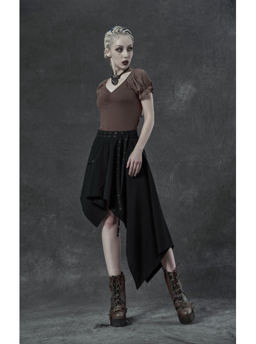 Metal Eyelets Strap Ghost Head Nail Asymmetric Hem Black Punk Striped Jacquard Skirt