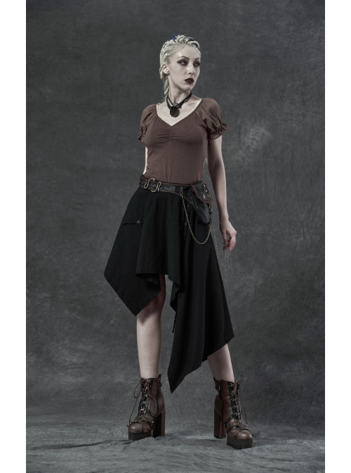 Metal Eyelets Strap Ghost Head Nail Asymmetric Hem Black Punk Striped Jacquard Skirt