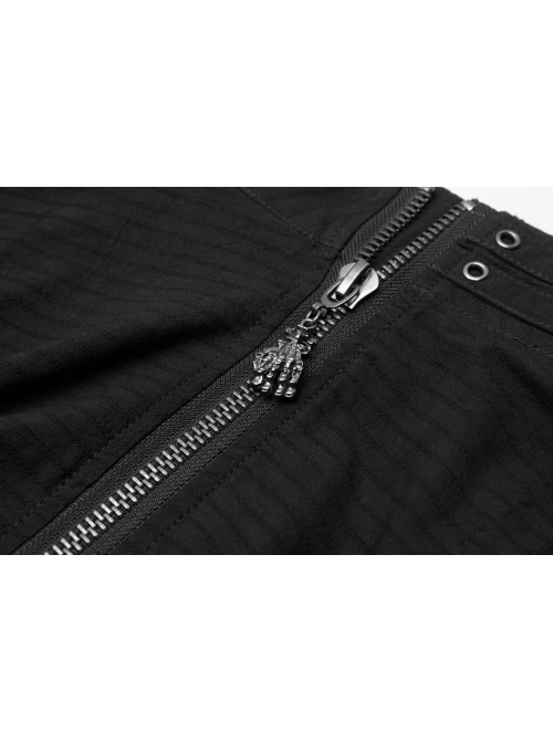 Metal Eyelets Strap Ghost Head Nail Asymmetric Hem Black Punk Striped Jacquard Skirt
