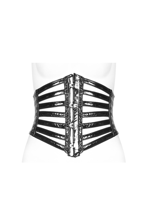 Front Steel Buckle Back Waist Metal Eyelets Lace-Up Black Punk Tight PU Leather Girdle