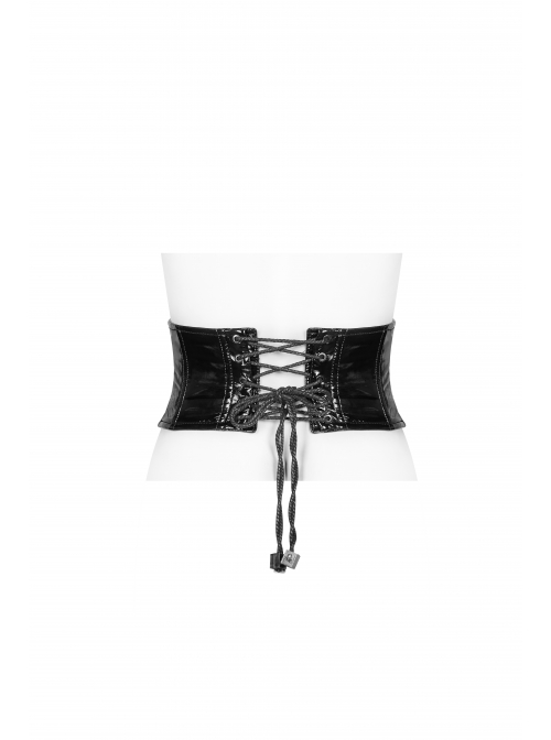 Front Steel Buckle Back Waist Metal Eyelets Lace-Up Black Punk Tight PU Leather Girdle