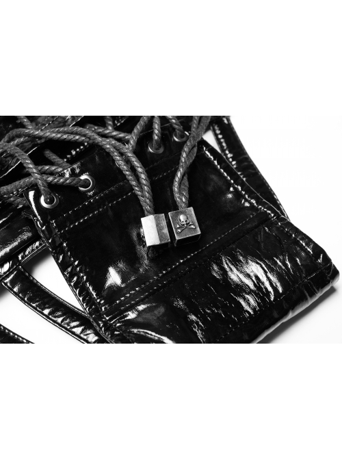Front Steel Buckle Back Waist Metal Eyelets Lace-Up Black Punk Tight PU Leather Girdle