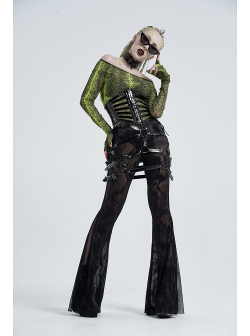 Front Steel Buckle Back Waist Metal Eyelets Lace-Up Black Punk Tight PU Leather Girdle