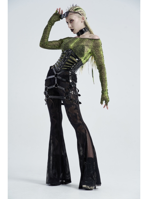 Front Steel Buckle Back Waist Metal Eyelets Lace-Up Black Punk Tight PU Leather Girdle