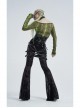 Front Steel Buckle Back Waist Metal Eyelets Lace-Up Black Punk Tight PU Leather Girdle