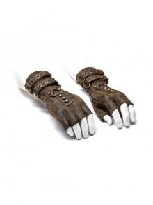 Metal Buckles Loop Zipper Decoration Brown Punk PU Leather Gloves