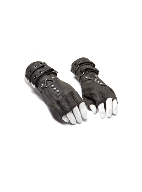 Metal Buckles Loop Zipper Decoration Grey Punk PU Leather Gloves