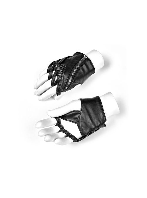 Metal Zipper Cross-Section Wrapped Black Punk PU Leather Gloves