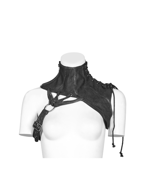 One-Shoulder Metal Buckle Leather Straps Lace-Up Brown Punk Collar Accessory