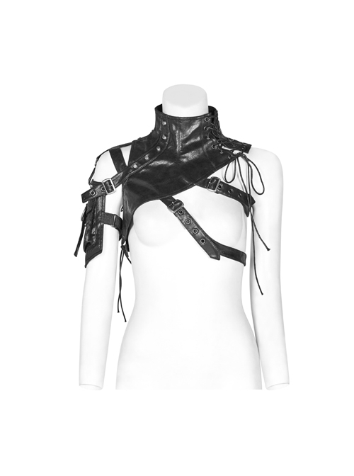Buckle-On Lace-Up High Collar Metal Eyelets Strap Black Punk Shoulder Accessory