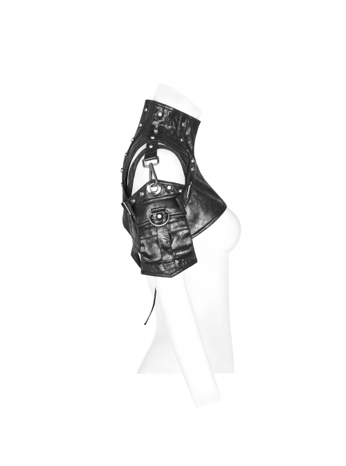 Buckle-On Lace-Up High Collar Metal Eyelets Strap Black Punk Shoulder Accessory