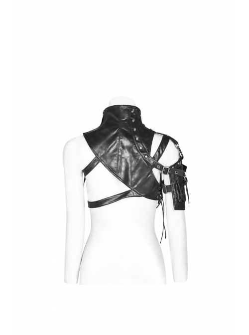 Buckle-On Lace-Up High Collar Metal Eyelets Strap Black Punk Shoulder Accessory