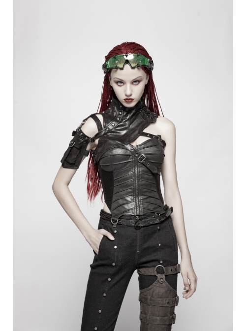 Buckle-On Lace-Up High Collar Metal Eyelets Strap Black Punk Shoulder Accessory