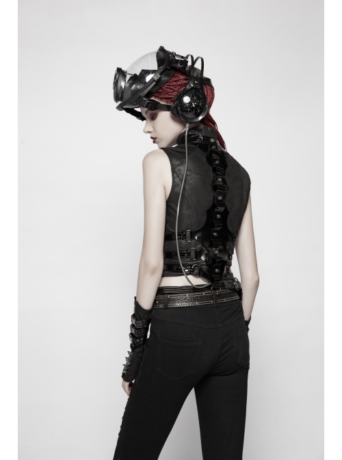 Metal Rings Hasp Back Spine-Shaped Straps Black Punk Leather Accessory