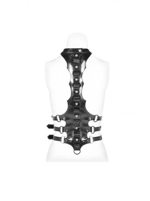 Metal Rings Hasp Back Spine-Shaped Straps Black Punk Leather Accessory