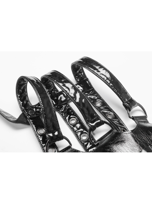 Metal Rings Hasp Back Spine-Shaped Straps Black Punk Leather Accessory