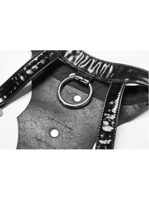 Metal Rings Hasp Back Spine-Shaped Straps Black Punk Leather Accessory