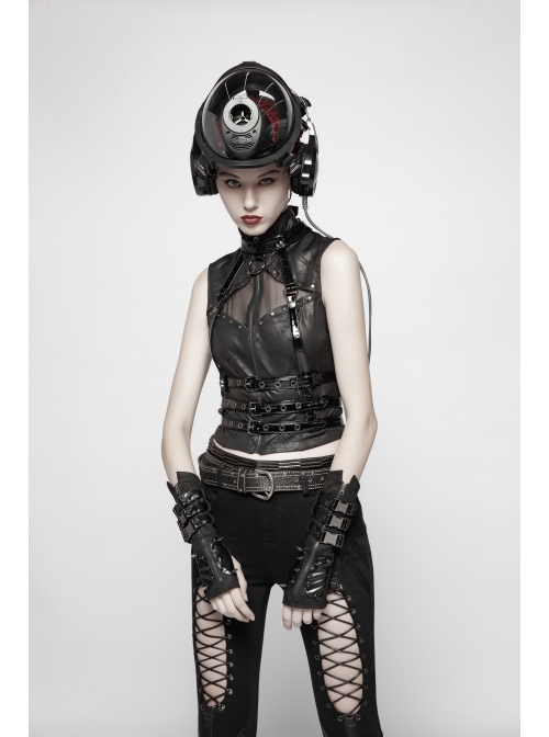 Metal Rings Hasp Back Spine-Shaped Straps Black Punk Leather Accessory