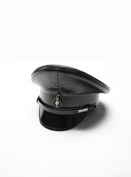 Front Center Metal Pendant Black Punk PU Leather Texture Hat