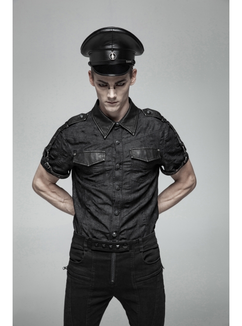 Front Center Metal Pendant Black Punk PU Leather Texture Hat