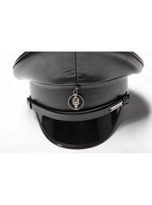 Front Center Metal Pendant Black Punk PU Leather Texture Hat