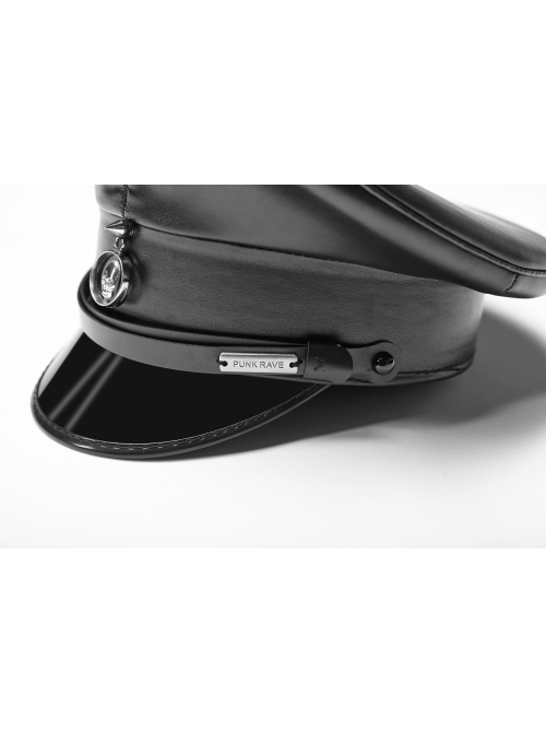 Front Center Metal Pendant Black Punk PU Leather Texture Hat
