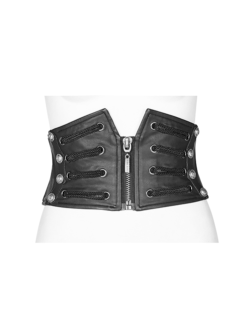 Front Zipper Rivet Decoration Back Waist Lace-Up Black Punk PU Leather Corset