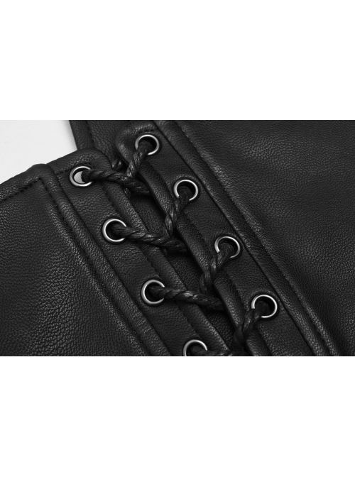 Front Zipper Rivet Decoration Back Waist Lace-Up Black Punk PU Leather Corset