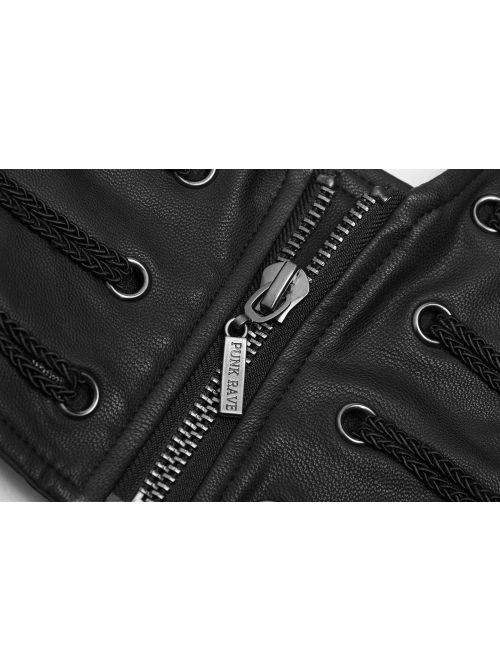 Front Zipper Rivet Decoration Back Waist Lace-Up Black Punk PU Leather Corset