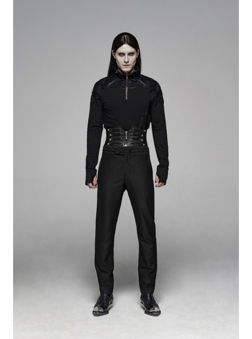 Front Zipper Rivet Decoration Back Waist Lace-Up Black Punk PU Leather Corset