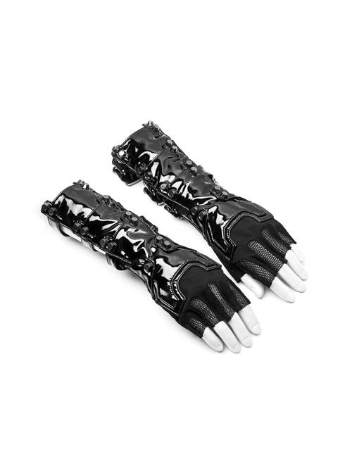 Black Knit Splice PU Leather Metal Hasp Rivet Splice Mesh Punk Gloves
