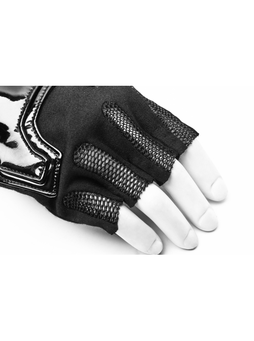 Black Knit Splice PU Leather Metal Hasp Rivet Splice Mesh Punk Gloves