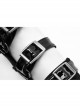 Black Knit Splice PU Leather Metal Hasp Rivet Splice Mesh Punk Gloves