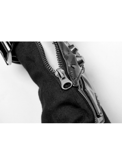 Black Knit Splice PU Leather Metal Hasp Rivet Splice Mesh Punk Gloves