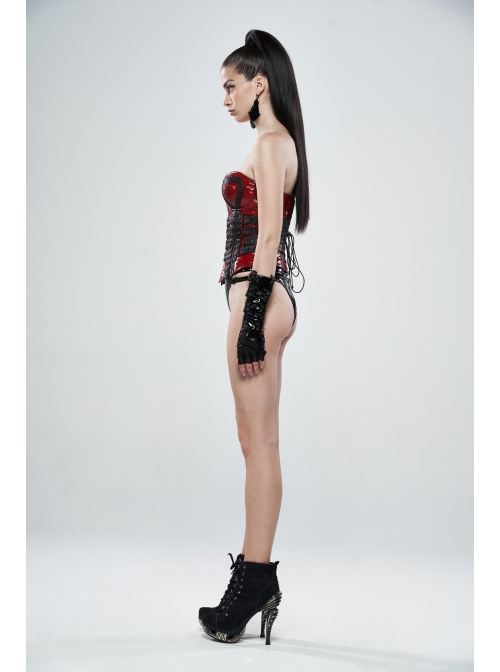 Black Knit Splice PU Leather Metal Hasp Rivet Splice Mesh Punk Gloves