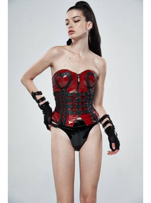 Black Knit Splice PU Leather Metal Hasp Rivet Splice Mesh Punk Gloves