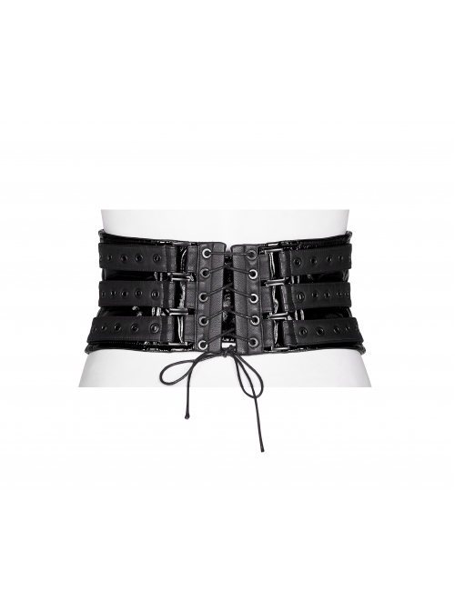 Front Metal Buckle Zipper Back Waist Lace-Up Black Punk Patent Leather Girdle