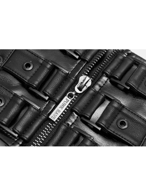 Front Metal Buckle Zipper Back Waist Lace-Up Black Punk Patent Leather Girdle
