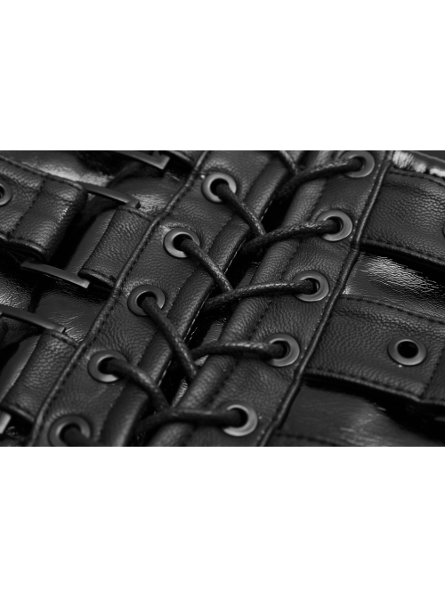 Front Metal Buckle Zipper Back Waist Lace-Up Black Punk Patent Leather Girdle