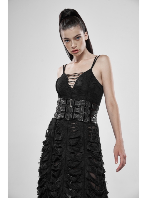 Front Metal Buckle Zipper Back Waist Lace-Up Black Punk Patent Leather Girdle