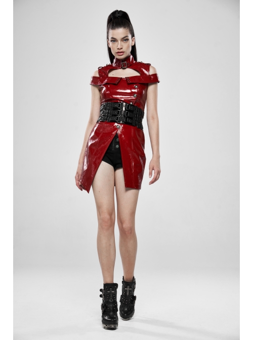 Front Metal Buckle Zipper Back Waist Lace-Up Black Punk Patent Leather Girdle