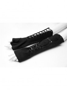 Metal Eyelets Lace-Up Embroidered Black Punk Fingerless Vintage Gloves