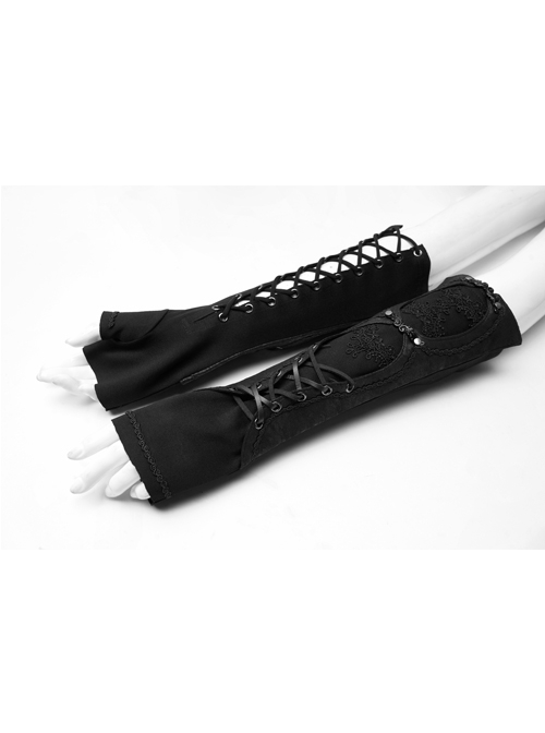 Metal Eyelets Lace-Up Embroidered Black Punk Fingerless Vintage Gloves