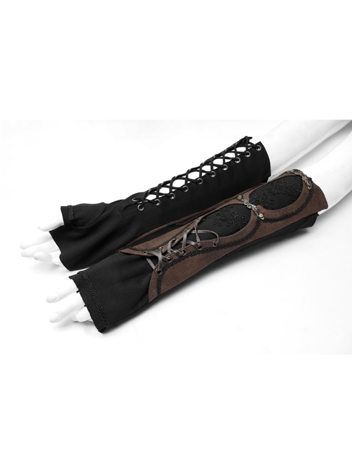 Metal Eyelets Lace-Up Embroidered Brown Punk Fingerless Vintage Gloves