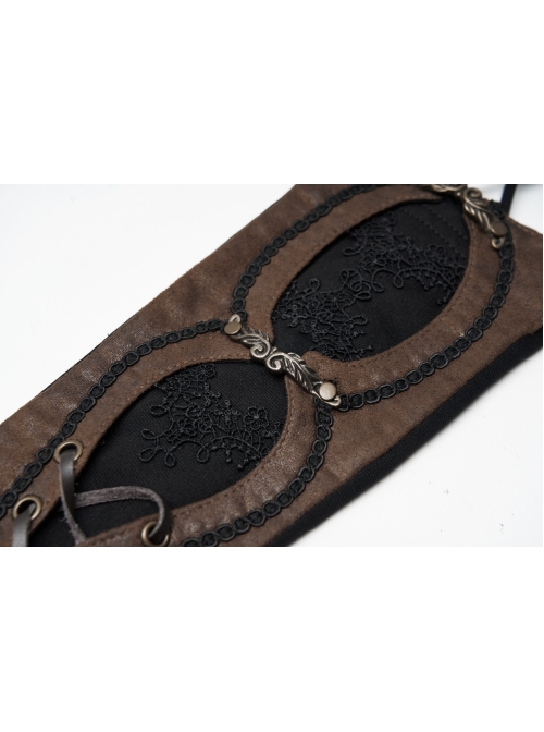 Metal Eyelets Lace-Up Embroidered Brown Punk Fingerless Vintage Gloves