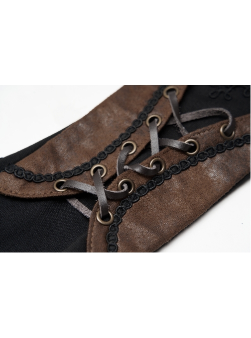 Metal Eyelets Lace-Up Embroidered Brown Punk Fingerless Vintage Gloves
