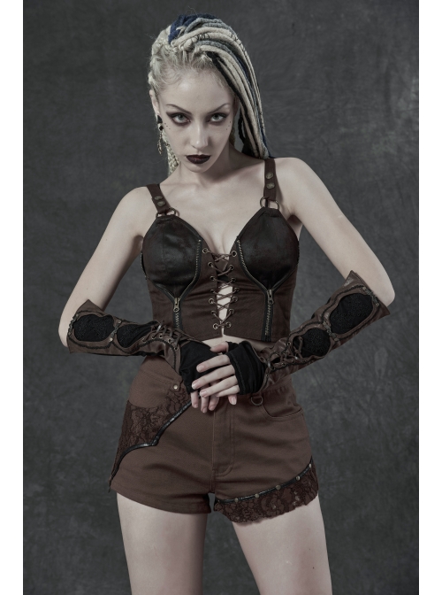 Metal Eyelets Lace-Up Embroidered Brown Punk Fingerless Vintage Gloves