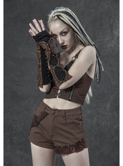Metal Eyelets Lace-Up Embroidered Brown Punk Fingerless Vintage Gloves