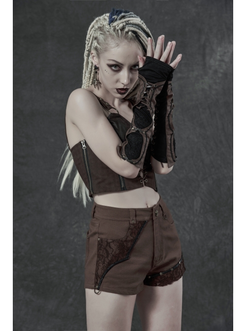 Metal Eyelets Lace-Up Embroidered Brown Punk Fingerless Vintage Gloves