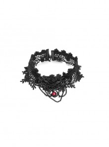 Front Center Plastic Decoration Gem Pendant Metal Rivet Chain Black Gothic Thick Rose Lace Necklace